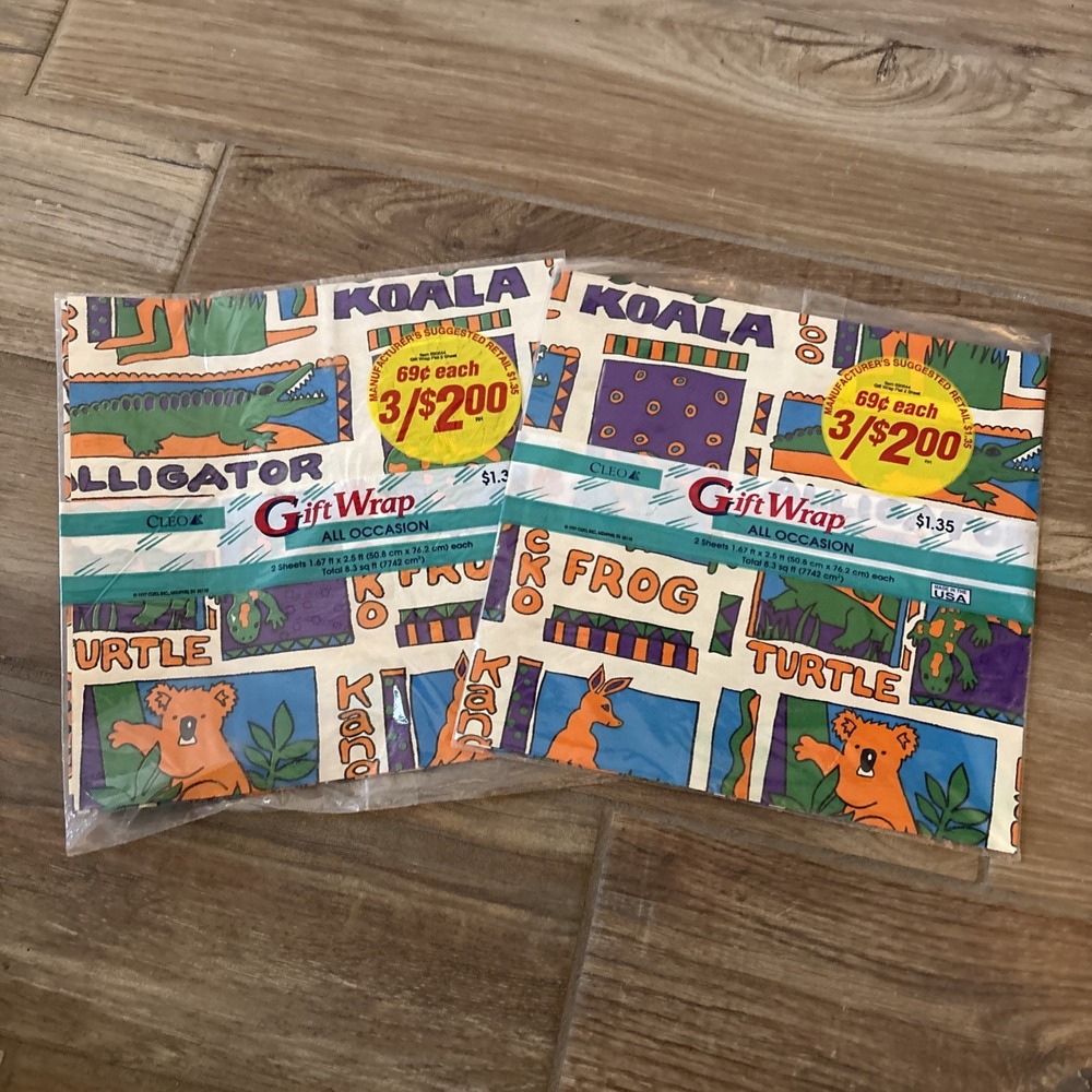 Vintage 1996 CLEO Gift Wrap Animal Koala Gecko Frog Wrapping Paper 4 Sheets NOS